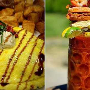 left image of eggs and home fries; right image of a Bloody Mary
