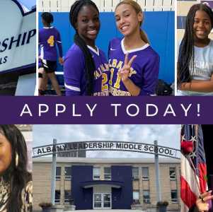 collage of six photos featuring students and Albany Leadership Charter School and the words Apply Today in the middle