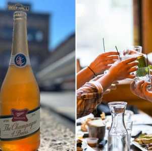 split image. on left is a beer bottle with building in background. on right is group of people cheersing at a table