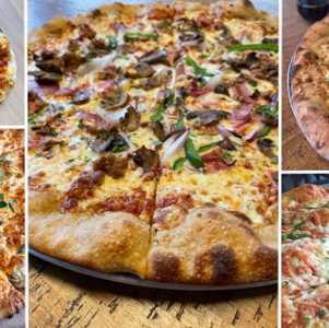 several different kinds of pizza from 9 miles east farm