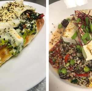 side by side photos of a sandwich and a tofu dish