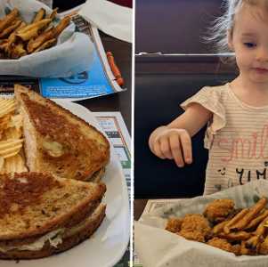 sandwich with chips, fries with chicken bites and kid