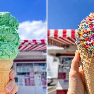 two ice cream cones, one bright green, one with a ton of rainbow sprinkles