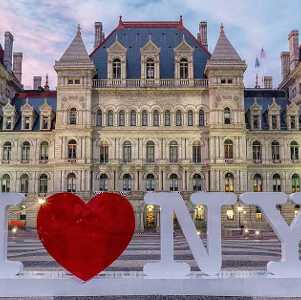 New york state capitol building with i love ny sign in front of it