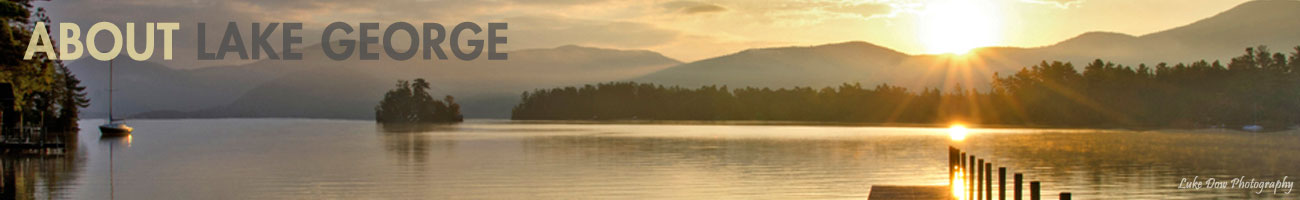 sunrise on lake george with 'About Lake George' text