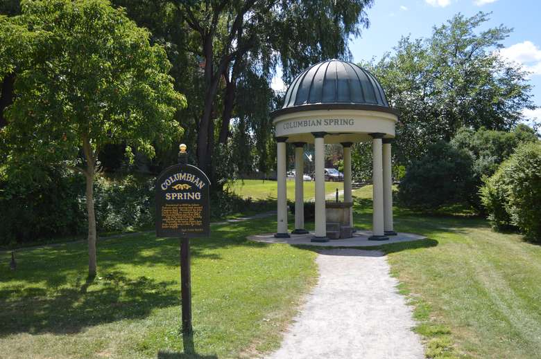 columbian spring sign and covered pavilion