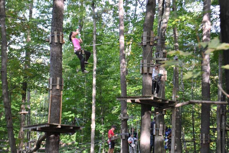 person climbing up wobbly ladder on adventure course