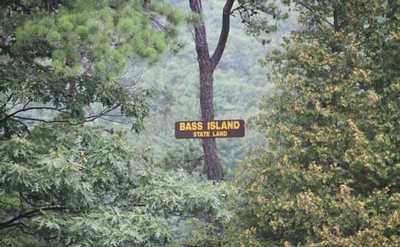 Sign marking Bass Island on Lake George