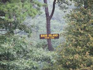 Sign marking Bass Island on Lake George