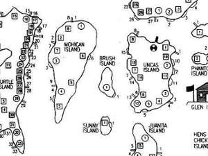 hand drawn map of multiple islands and their campsites