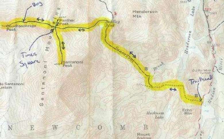 map showing the route from the trailhead to santanoni, panther, and couchsacharaga peaks