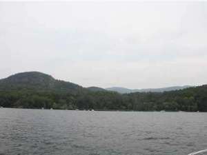 view from a boat of a shoreline with trees and mountains