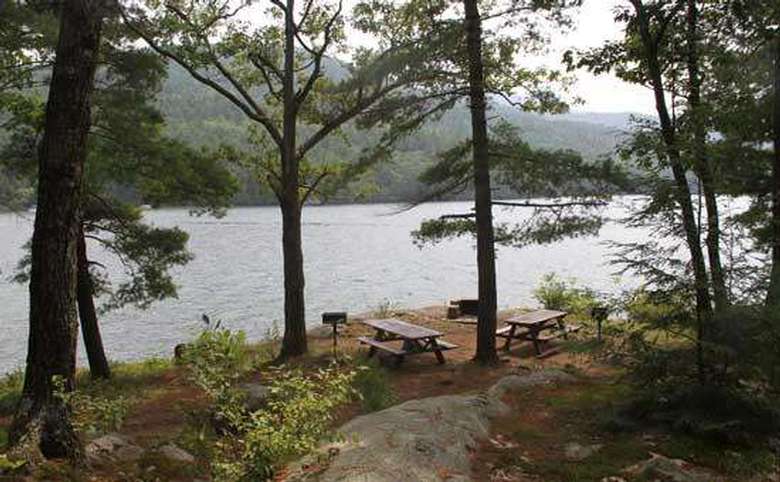 trees and picnic table overlooking views of the lake