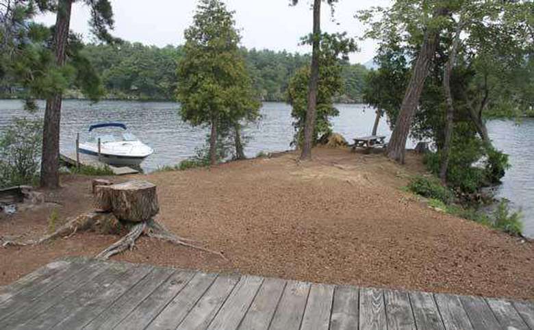 a wooden tent platform near a stump in a campsite with a boat near the back at the shoreline