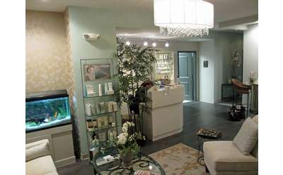 fish tank and shelves full of products in the clinique lobby