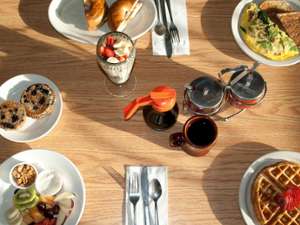 view looking down at breakfast food on restaurant table