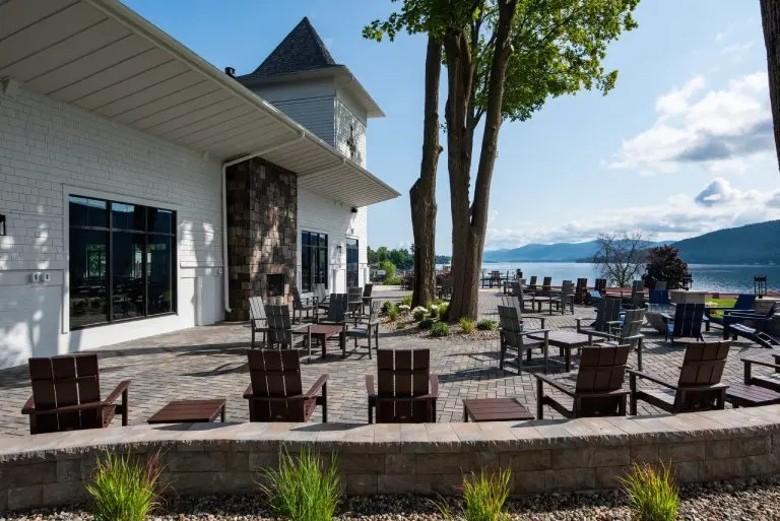 outdoor patio seating by a building
