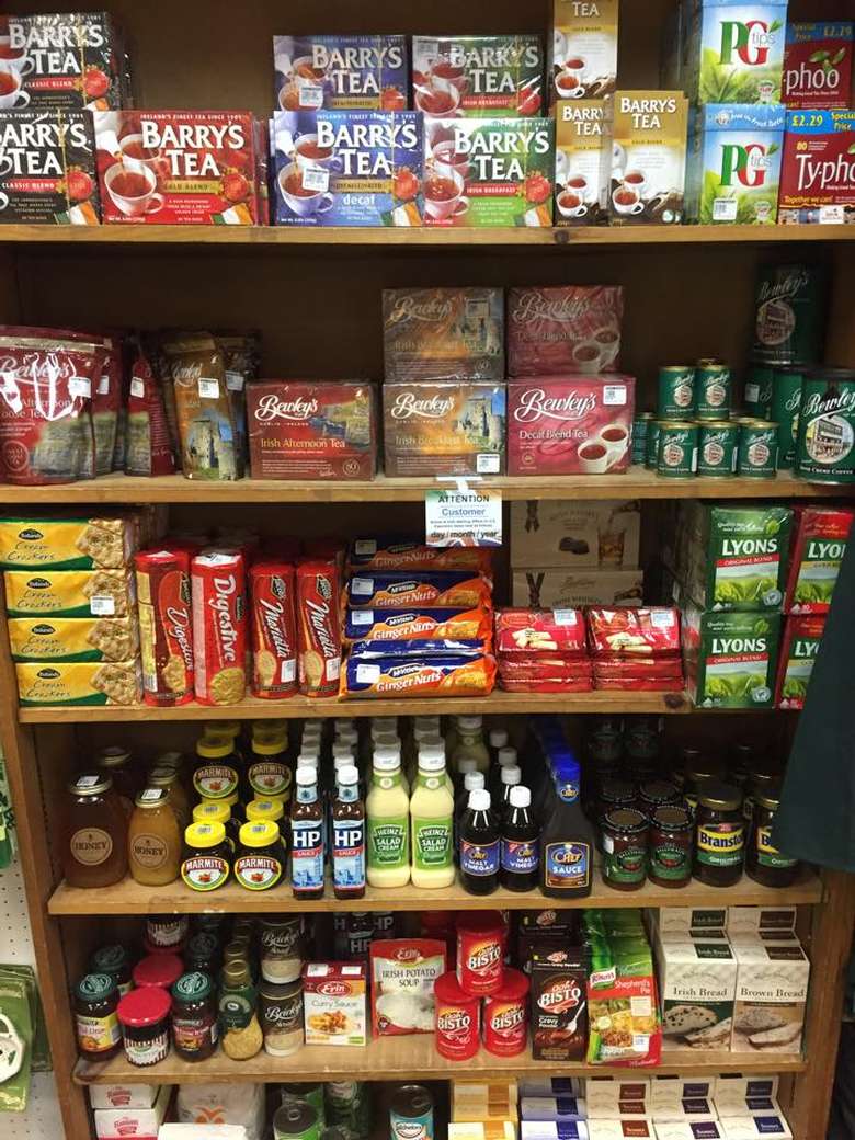 shelves full of irish teas and biscuits