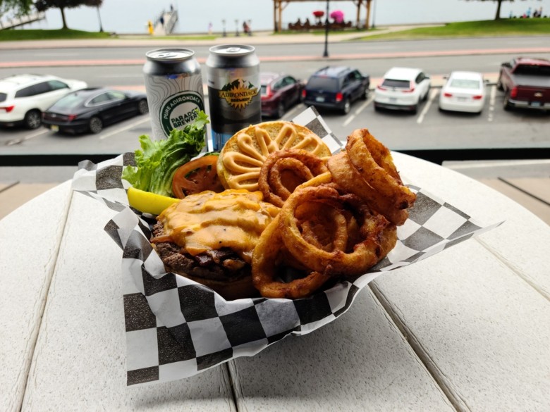 burger and onion rings