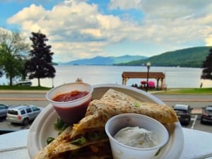 quesadilla and view of lake