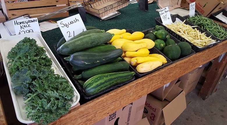 zucchini, summer squash, and other vegetables on display