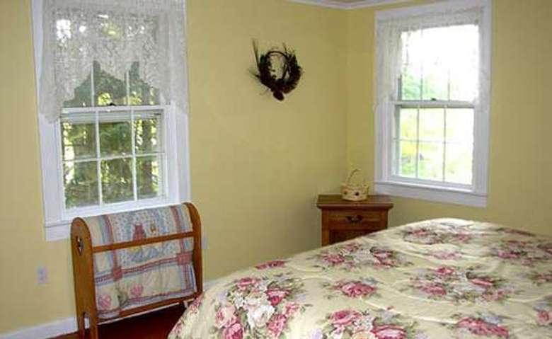 yellow bedroom with two windows