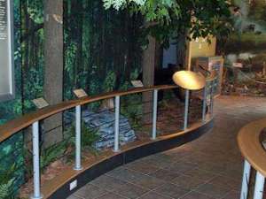 museum walkway with informational panels along the railing