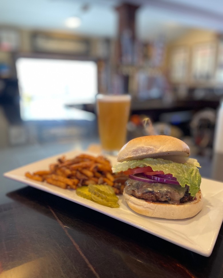 burger, fries, and beer