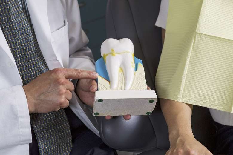 pointing at a tooth display