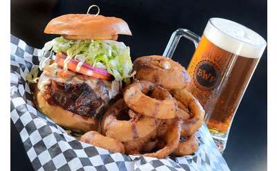 burger, onion rings, and beer