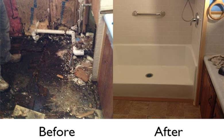 a before and after photo of a bathroom renovation