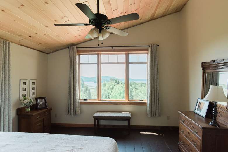 guest room with windows and ceiling fan