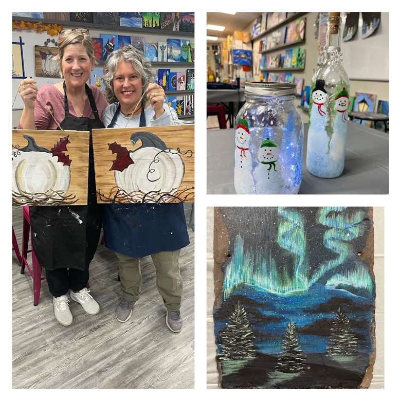 Glass, wood slate & more come in different sizes and shapes and are availavble during open art or you can register for a specific class on our calander page.