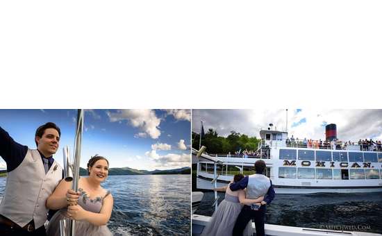 bride and groom posing for photos before boarding a steamboat
