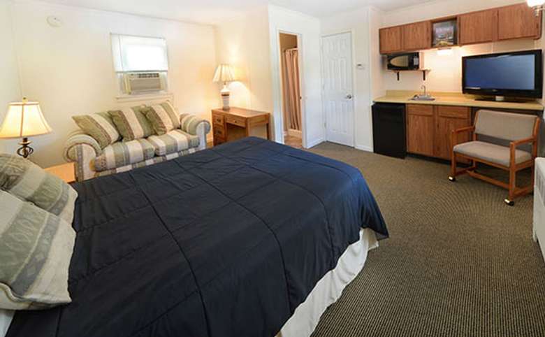 motel room with a double bed, loveseat, and kitchenette