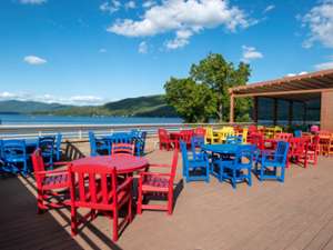bright chairs on a deck