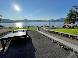 Enjoy lakeside ping pong, swings, relaxing gazebo