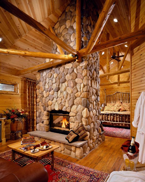 luxury romantic room with king size bed, fireplace and jaccuzzi