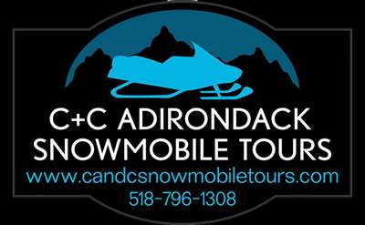 C+C Adirondack Snowmobile Tours Logo with a snowmobile in front of a mountain
