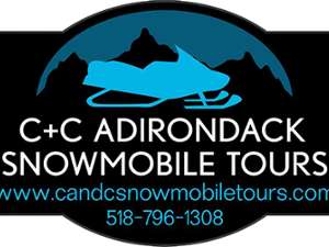 C+C Adirondack Snowmobile Tours Logo with a snowmobile in front of a mountain