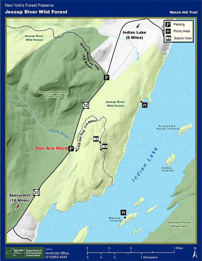 map of the jessup river wild forest showing a hiker's location and other nearby landparks