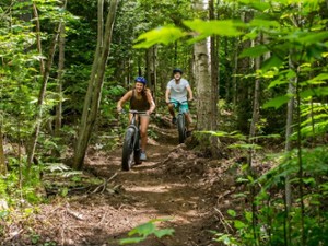 two people riding mountain bikes on a dirt trail