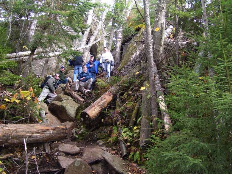 group of six hikers on a steep trail
