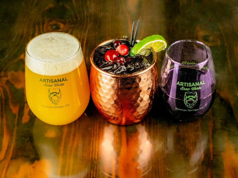Craft beer, cocktail, and wine options at Artisanal Brew Works restaurant in Saratoga Springs NY