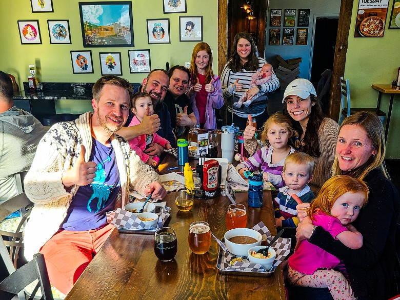 Family friendly restaurant with kids and adults dining at Artisanal Brew Works in Saratoga Springs NY