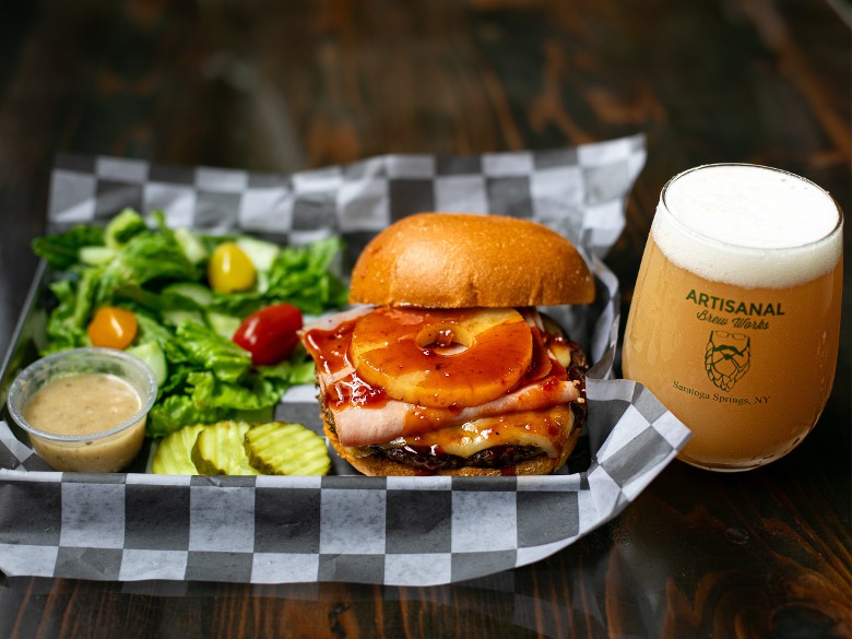 Aloha burger with grilled pineapple at Artisanal Brew Works restaurant in Saratoga Springs NY