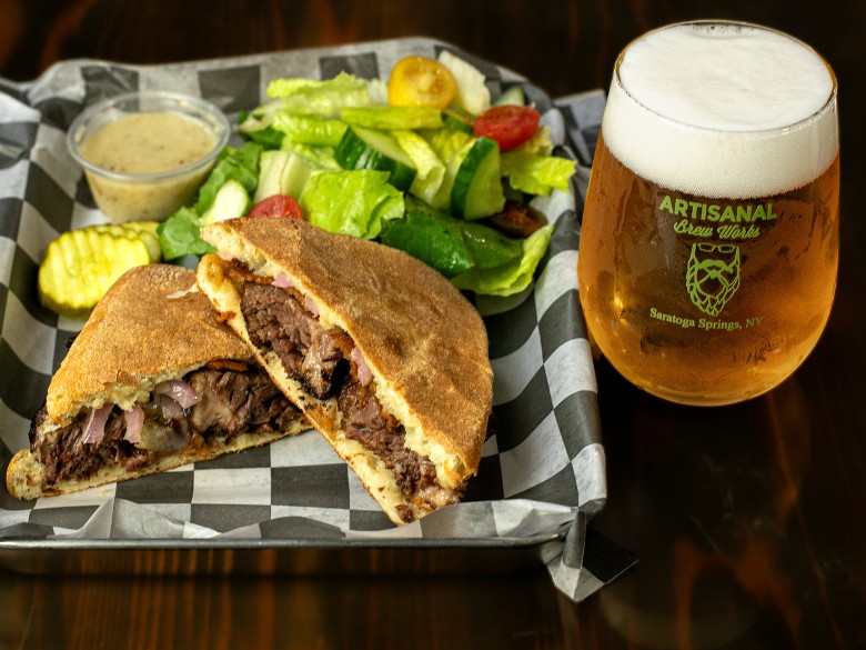 Short rib panini sandwich at Artisanal Brew Works restaurant in Saratoga Springs NY