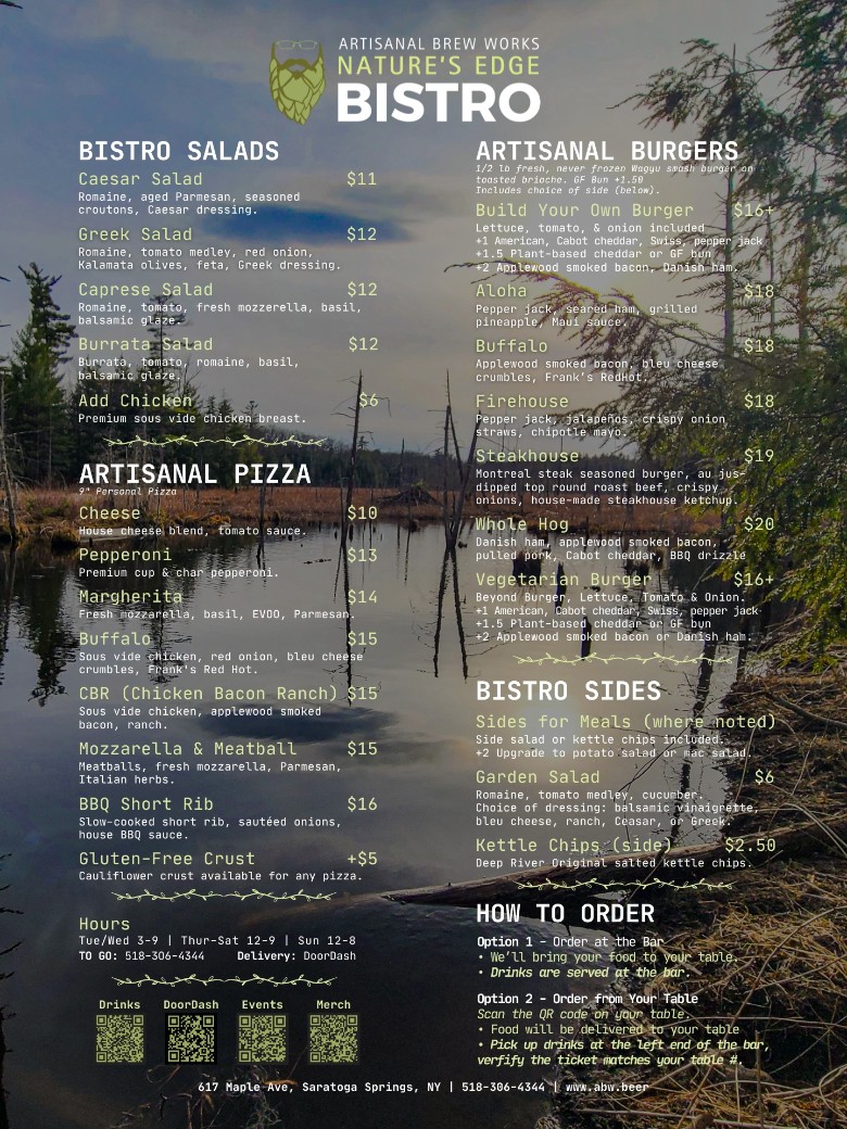 Restaurant menu featuring burgers, pizza, salads, and bistro-style food at Nature&rsquo;s Edge Bistro at Artisanal Brew Works in Saratoga Springs.