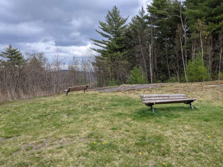 two benches facing opposite ways in a field
