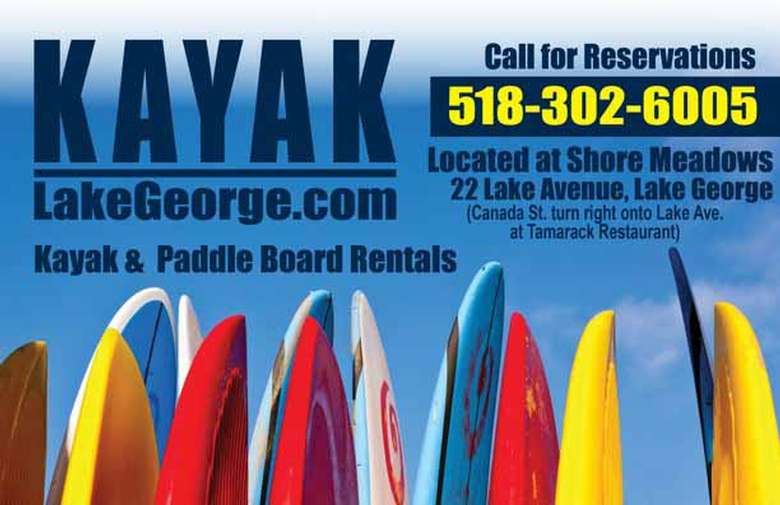 row of colorful paddleboards with text that says kayaklakegeorge.com and call for reservations 518-302-6005